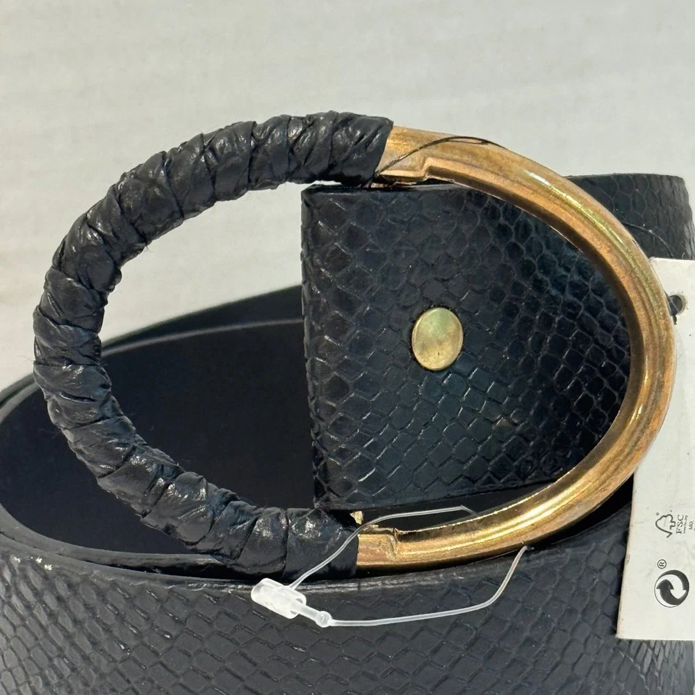 NEW Zara Snakeskin Embossed‎ Belt Womens M/L 33in Black Braided Gold Buckle Wide